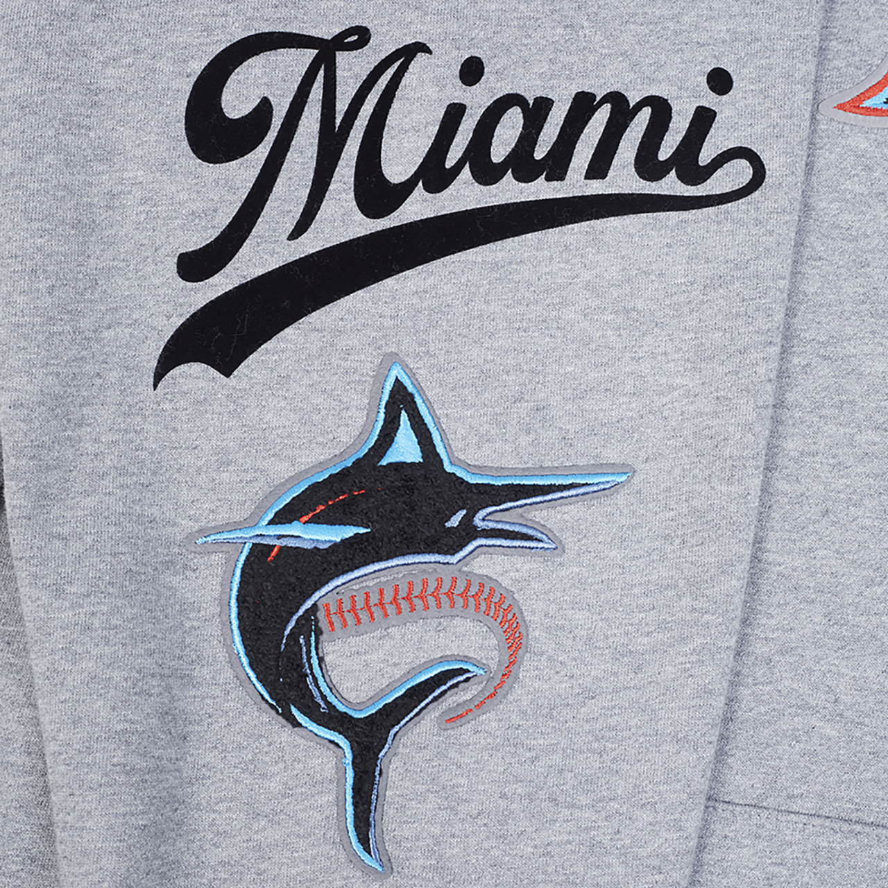 Pro Standard Marlins Living Large Drop Shoulder PO Hoodie Image 7 of 8. Tap to open photo gallery.