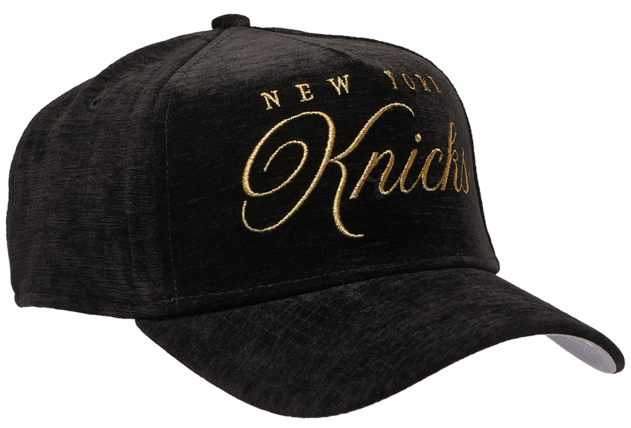 New Era Knicks 940 A Frame Velvet Script Cap Image 3 of 5. Tap to open photo gallery.