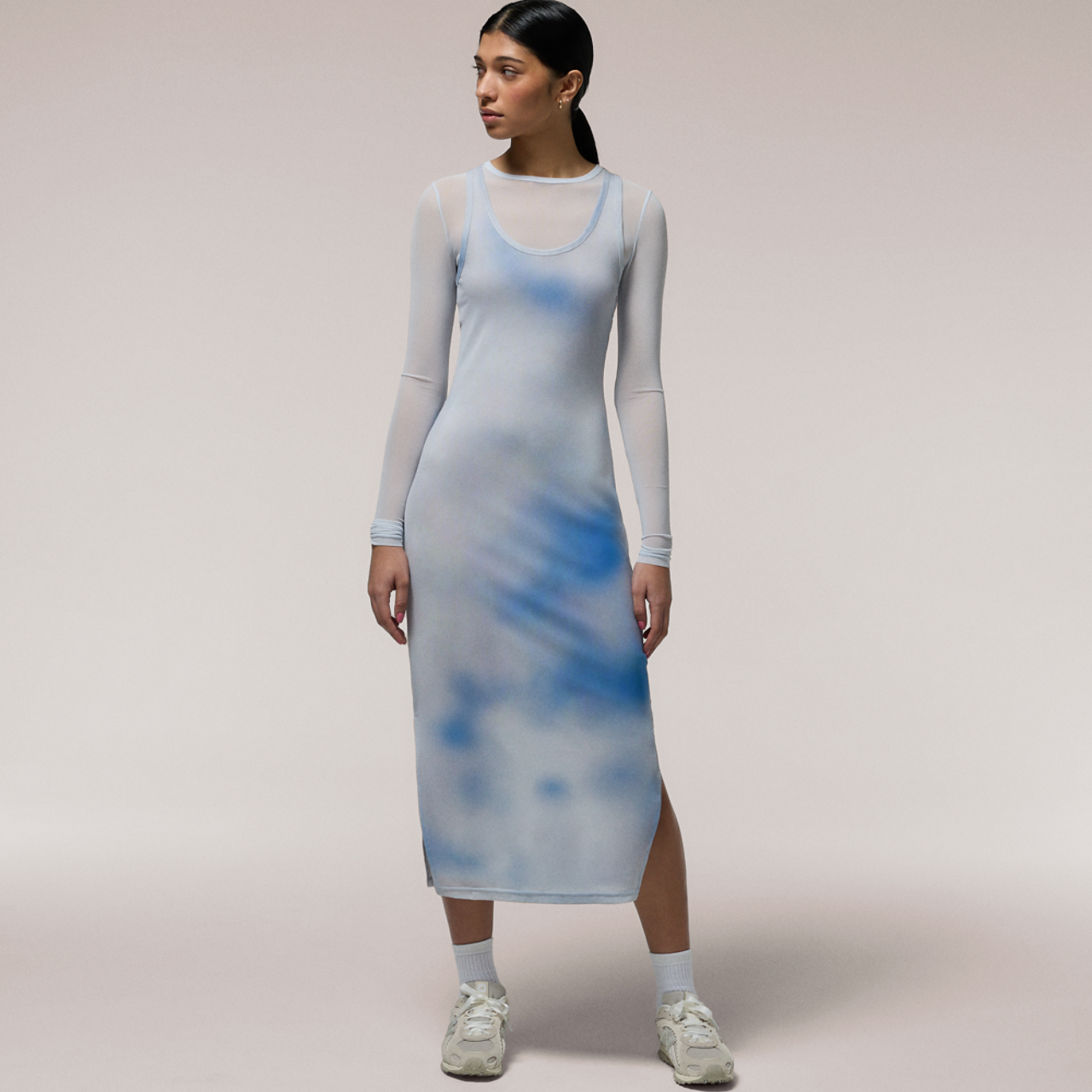 Cozi Long Sleeve Layered Mesh Midi Dress Image 1 of 7. Tap to open photo gallery.