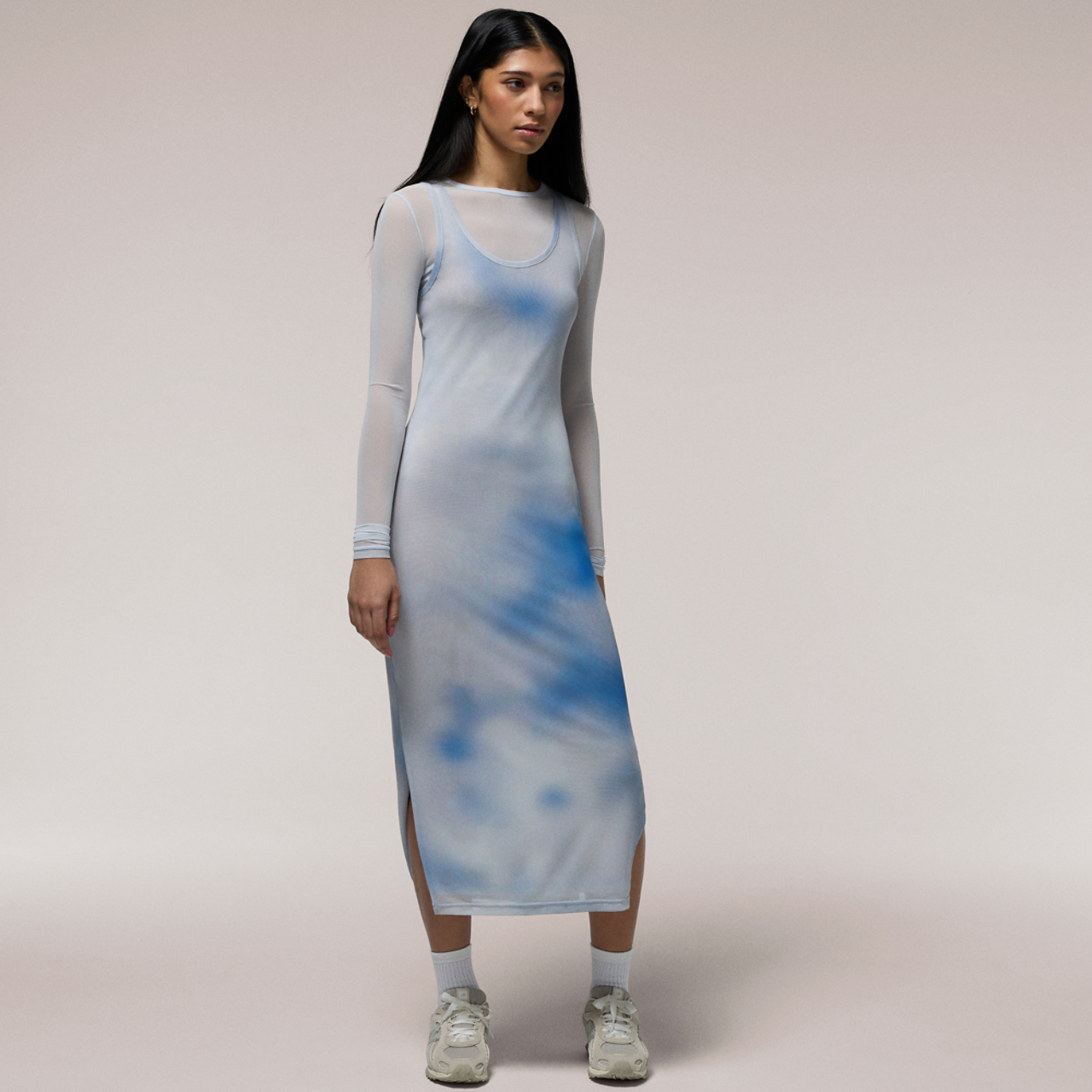 Cozi Long Sleeve Layered Mesh Midi Dress Image 5 of 7. Tap to open photo gallery.