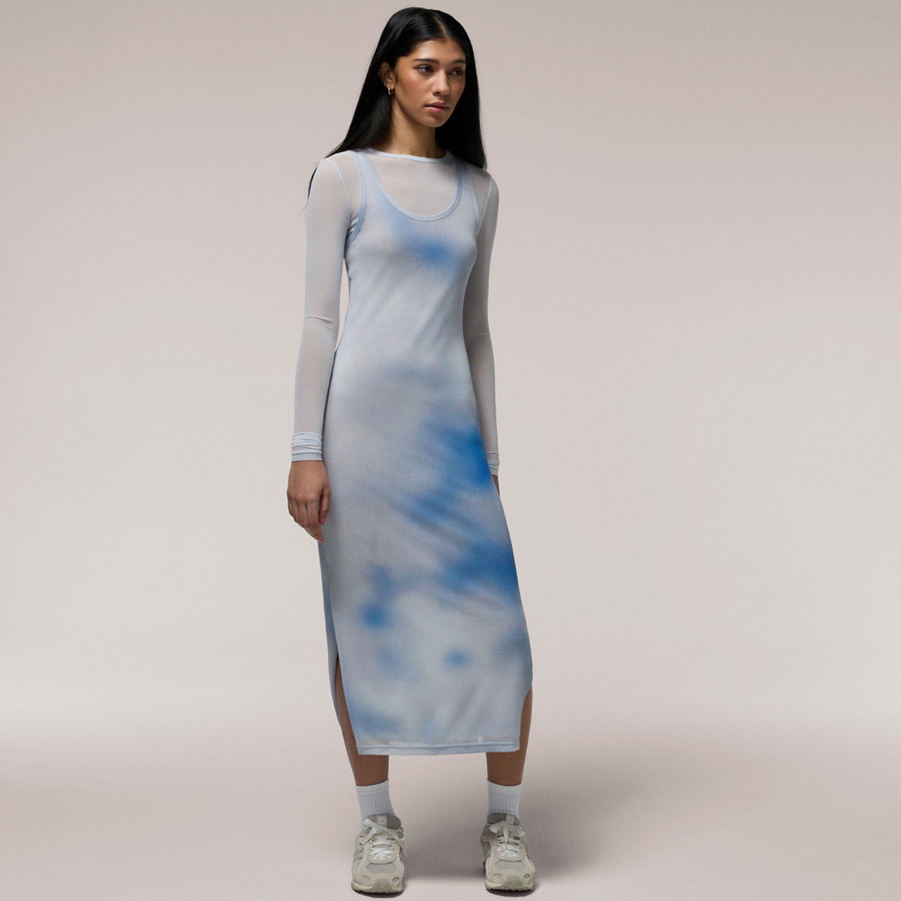 Cozi Long Sleeve Layered Mesh Midi Dress Image 5 of 7. Tap to open photo gallery.