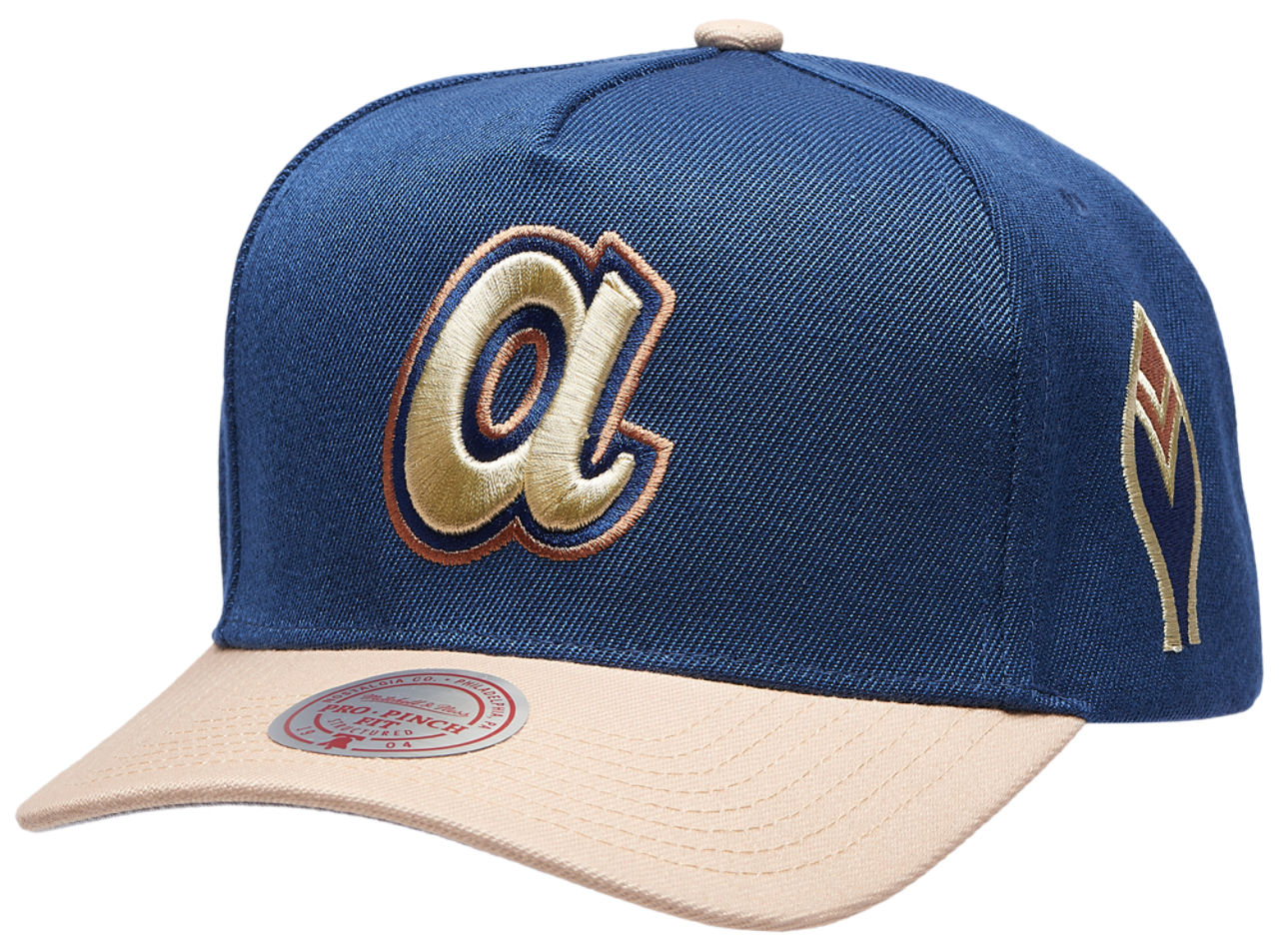 Mitchell & Ness Braves Navy & Tan Pro Pinch Cap Image 1 of 5. Tap to open photo gallery.