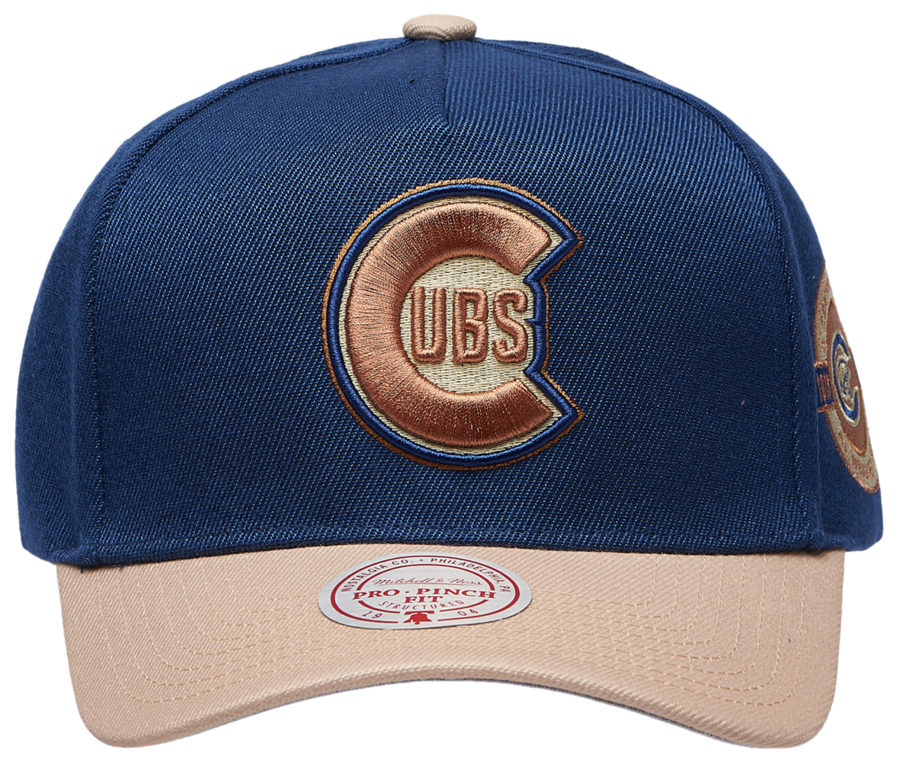 Mitchell & Ness Cubs Navy & Tan Pro Pinch Cap Image 2 of 5. Tap to open photo gallery.