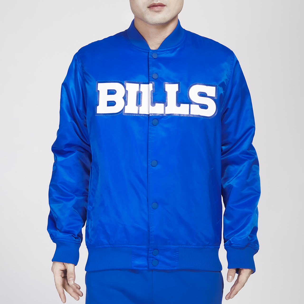 Pro Standard Bills Big Logo Satin Jacket Image 1 of 4. Tap to open photo gallery.
