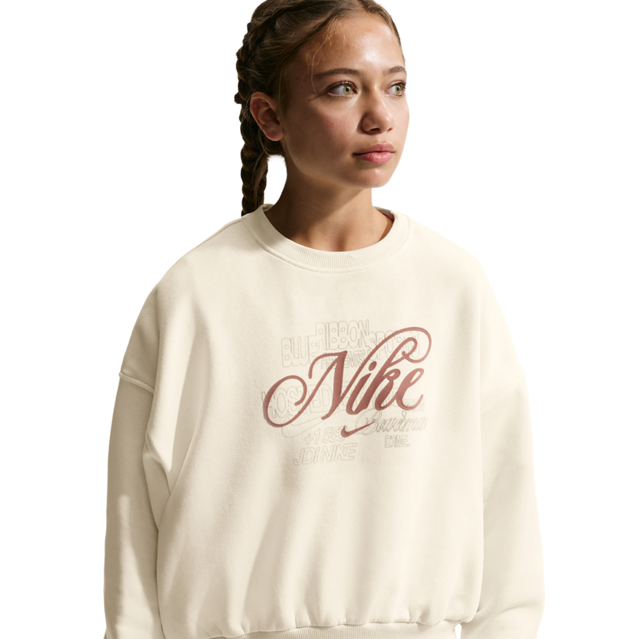 Nike NSW Club Fleece Boxy Crew GFX Image 1 of 4. Tap to open photo gallery.