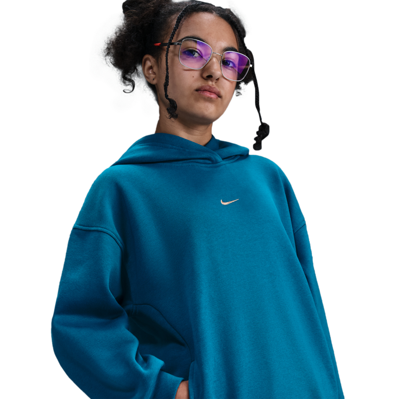 Nike NSW Shine Satin OS Club Fleece Hoodie Image 1 of 4. Tap to open photo gallery.