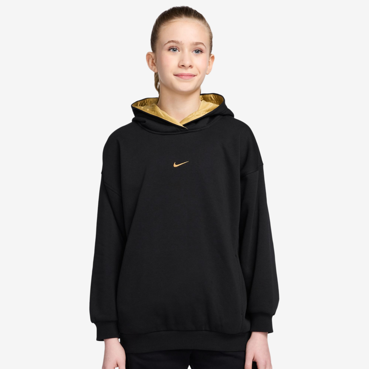 Nike NSW Shine Satin OS Club Fleece Hoodie Image 1 of 2. Tap to open photo gallery.