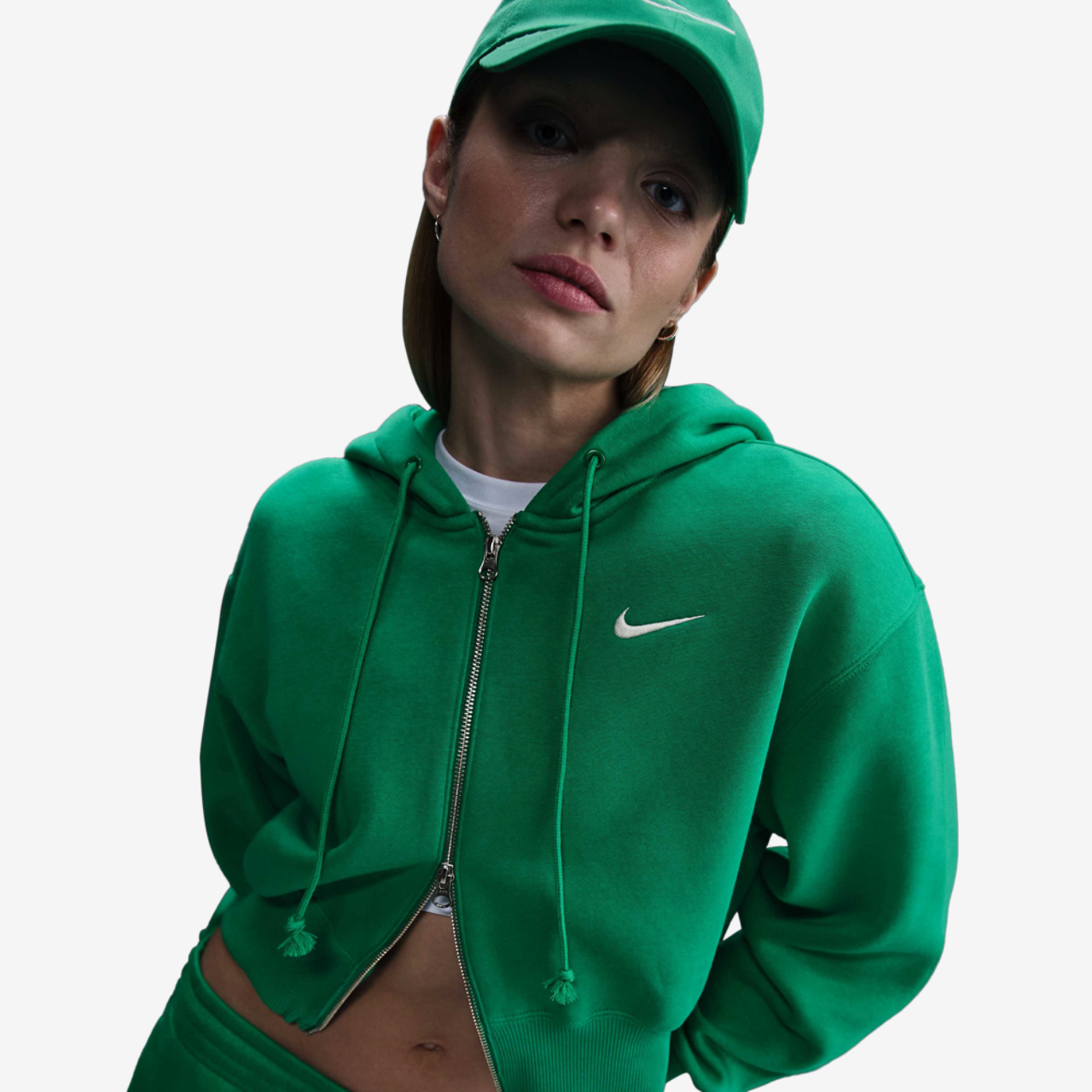 Nike NSW Phoenix Fleece Loose Crop FZ Hoodie Image 1 of 6. Tap to open photo gallery.