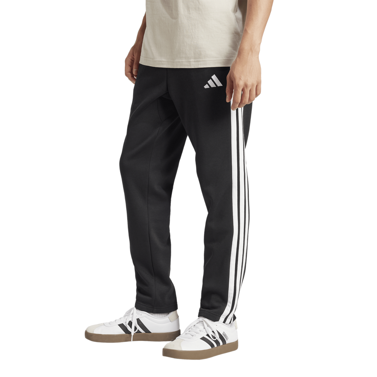 adidas Essentials 3-Stripes Fleece Open Hem Pants Image 1 of 6. Tap to open photo gallery.