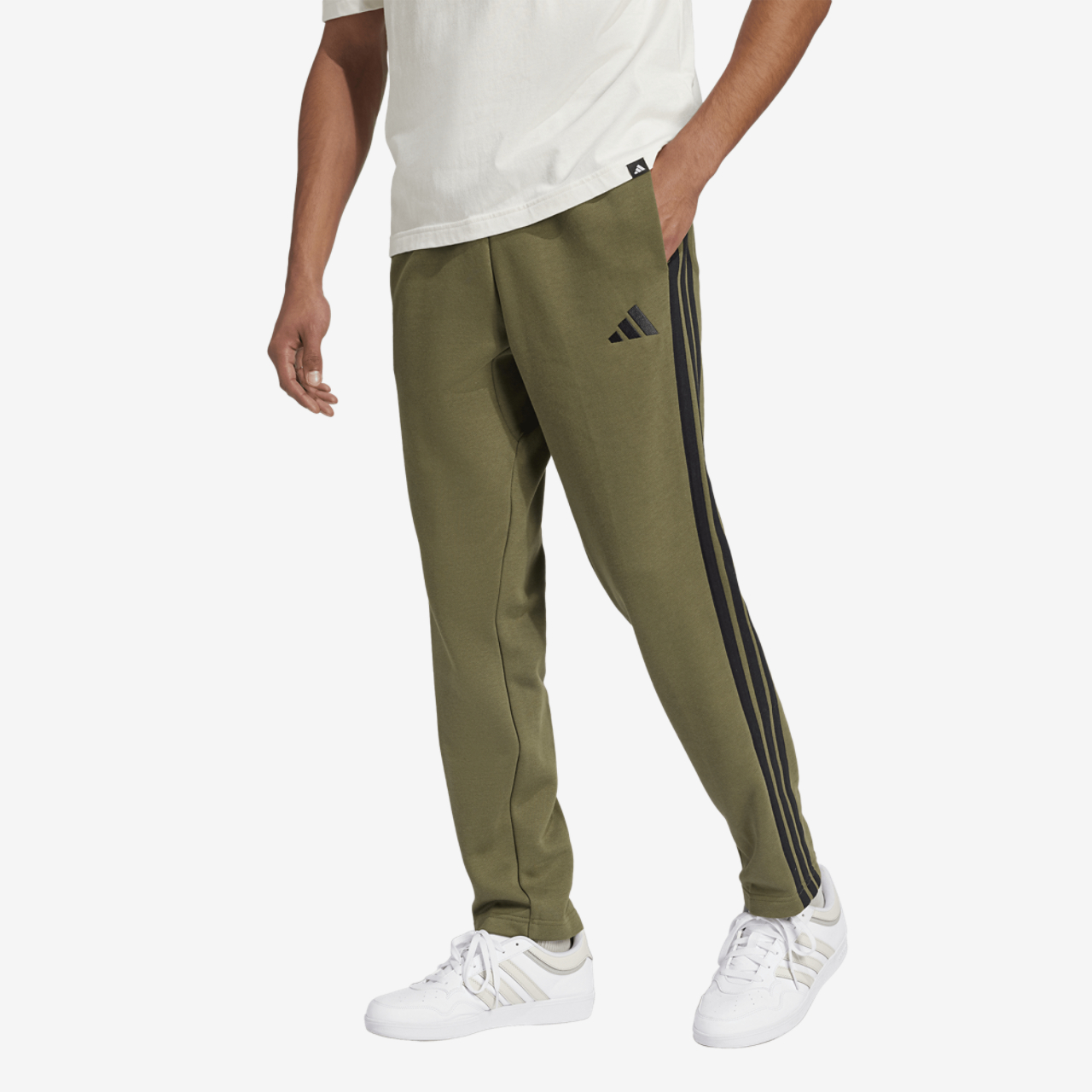 adidas Essentials 3-Stripes Fleece Open Hem Pants Image 1 of 6. Tap to open photo gallery.