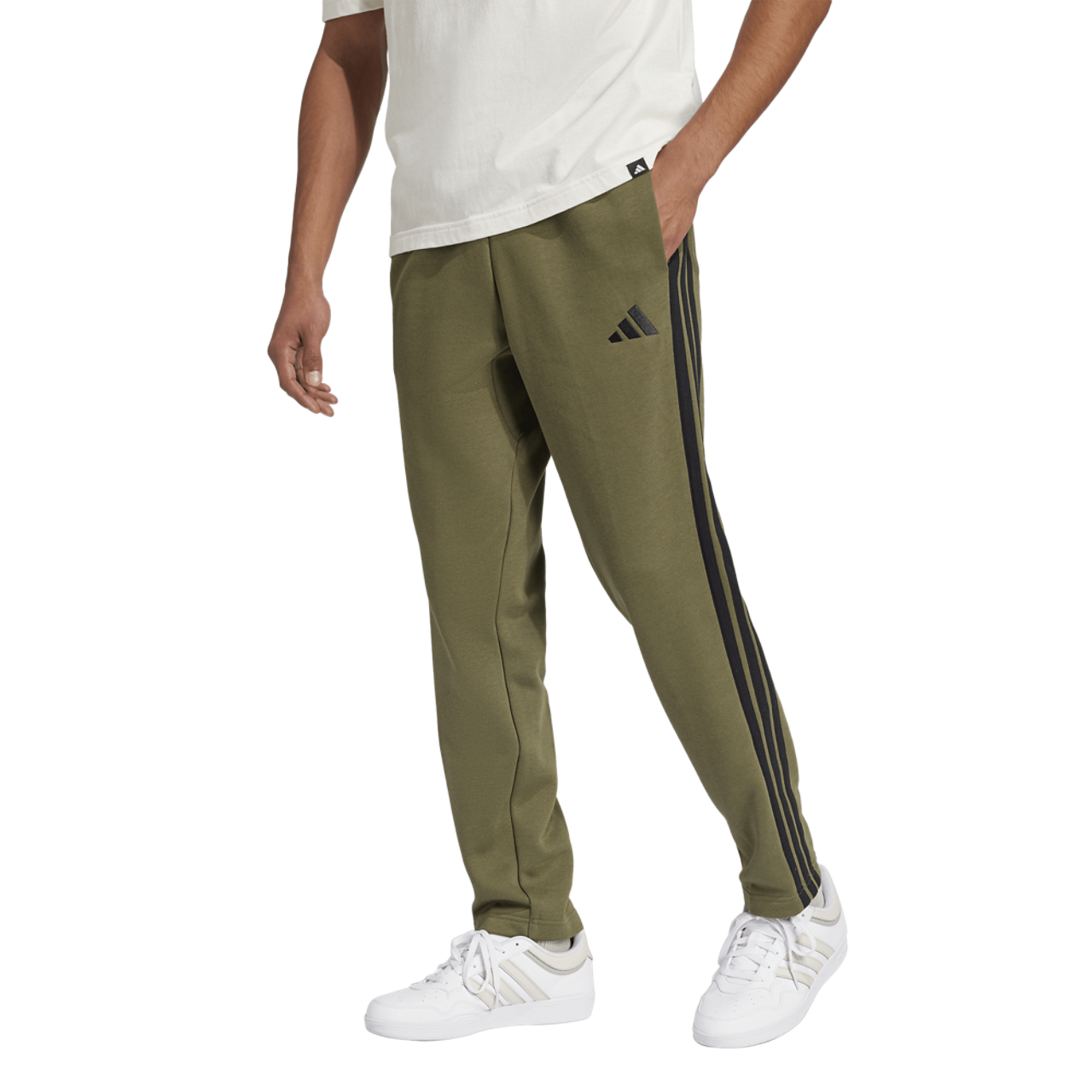 adidas Essentials 3-Stripes Fleece Open Hem Pants Image 1 of 6. Tap to open photo gallery.