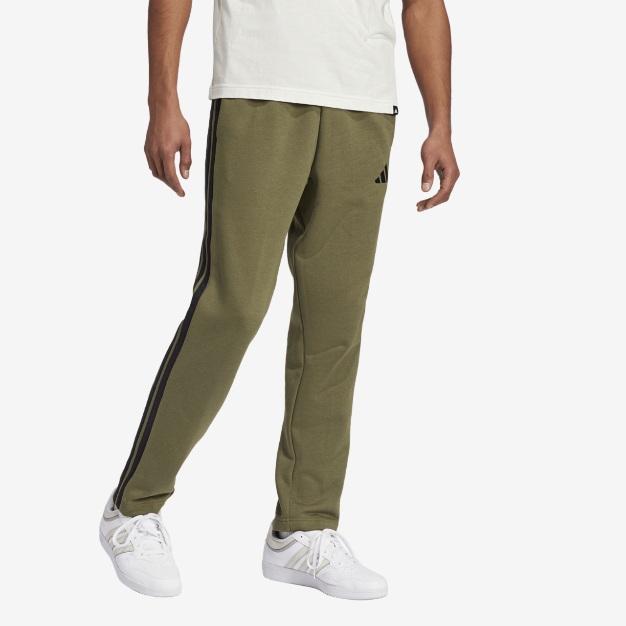 adidas Essentials 3-Stripes Fleece Open Hem Pants Image 5 of 6. Tap to open photo gallery.