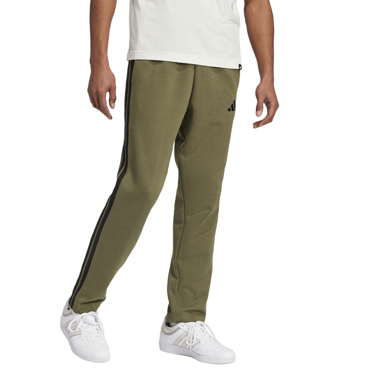 adidas Essentials 3-Stripes Fleece Open Hem Pants Image 5 of 6. Tap to open photo gallery.