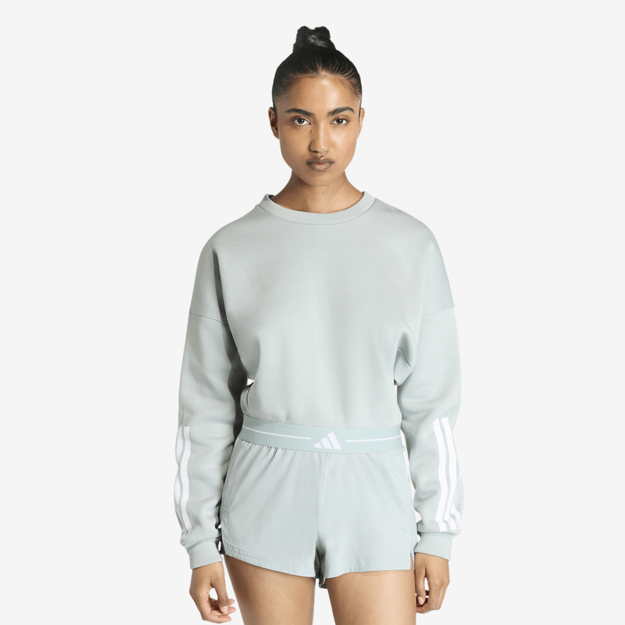adidas Hyperglam 3 Stripe Training Cropped Crew Sweater Image 1 of 6. Tap to open photo gallery.
