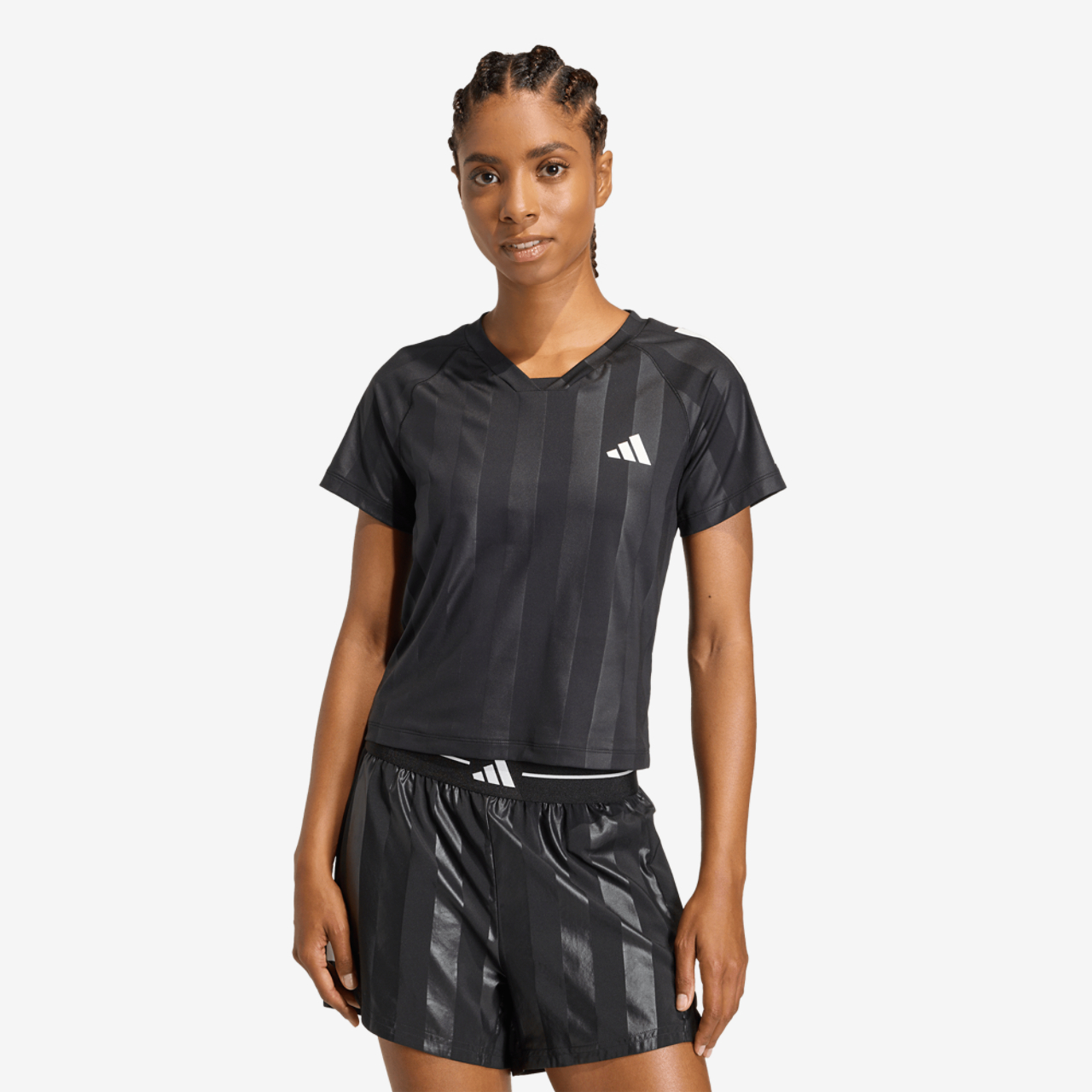 adidas Hyperglam 3-Stripes Emboss Training T-Shirt Image 1 of 6. Tap to open photo gallery.