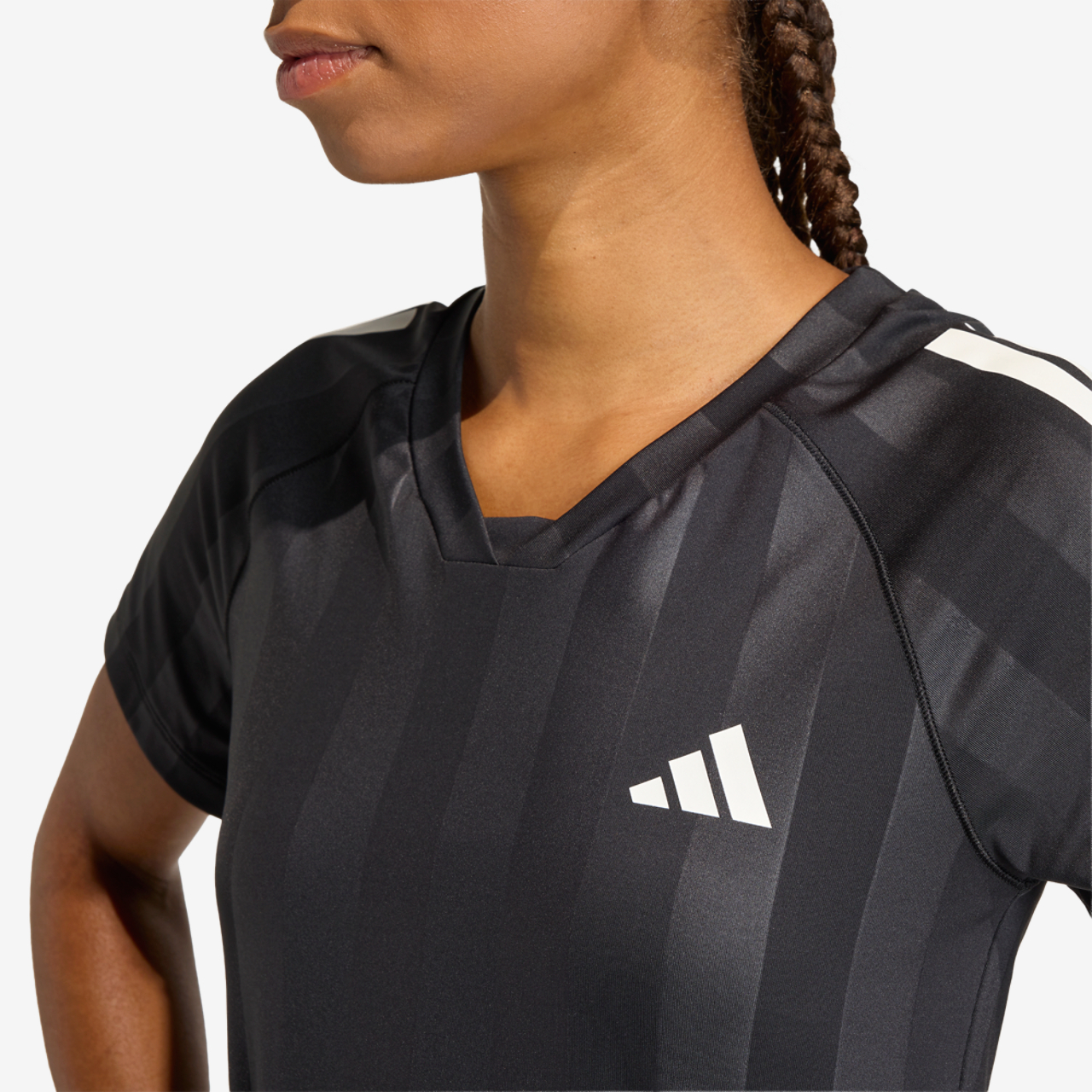 adidas Hyperglam 3-Stripes Emboss Training T-Shirt Image 3 of 6. Tap to open photo gallery.