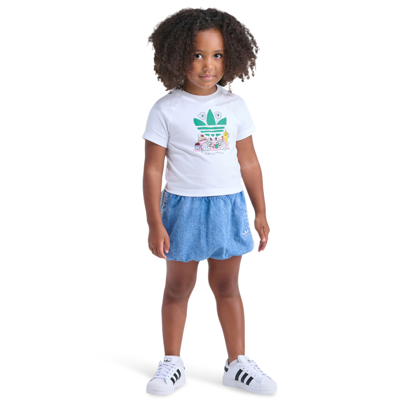 adidas Raglan T-Shirt & Denim Bubble Skorts Set Image 1 of 5. Tap to open photo gallery.