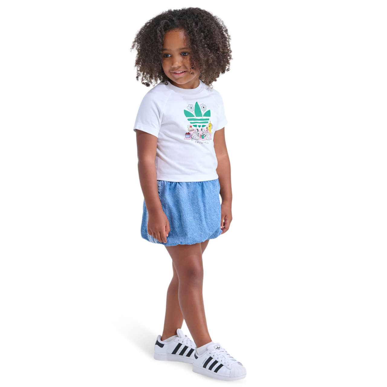 adidas Raglan T-Shirt & Denim Bubble Skorts Set Image 3 of 5. Tap to open photo gallery.