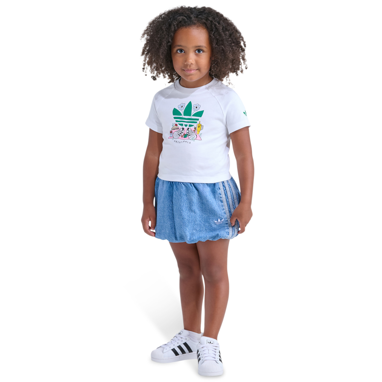 adidas Raglan T-Shirt & Denim Bubble Skorts Set Image 4 of 5. Tap to open photo gallery.