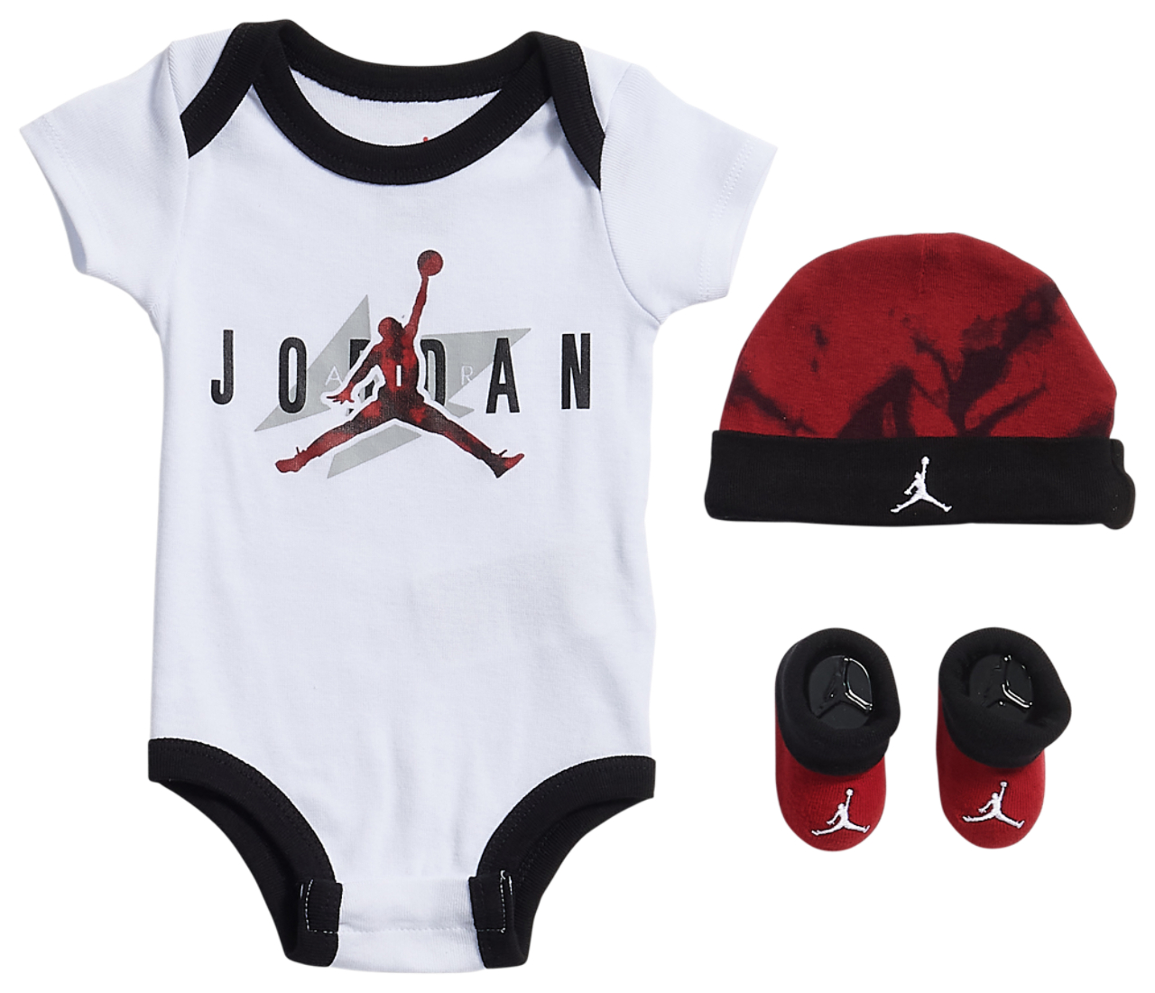 Jordan Hat, Bodysuit, & Bootie 3 Piece Set Image 1 of 2. Tap to open photo gallery.