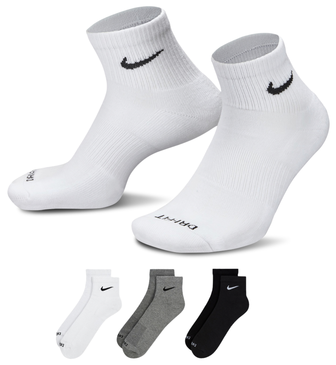 Nike 3 Pack Dri-FIT Plus Quarter Socks Image 1 of 1. Tap to open photo gallery.