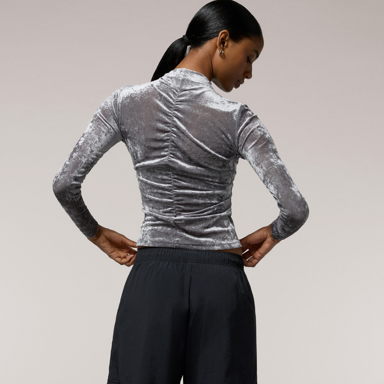 Cozi Ruched Mesh Top with Flocking Image 2 of 6. Tap to open photo gallery.