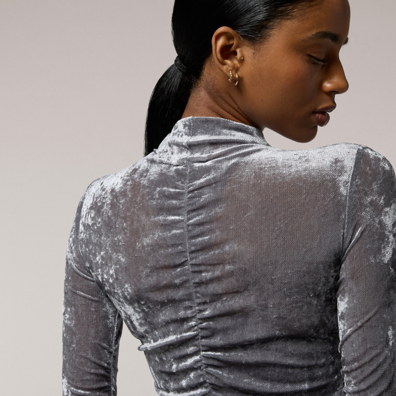 Cozi Ruched Mesh Top with Flocking Image 4 of 6. Tap to open photo gallery.