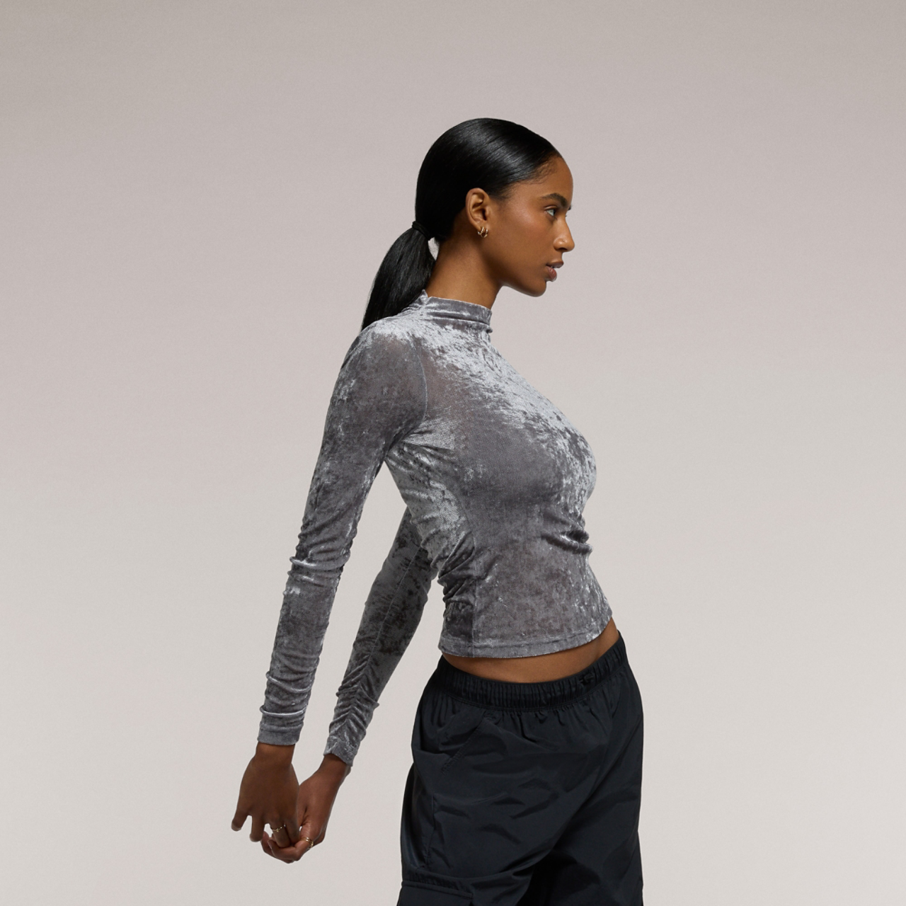 Cozi Ruched Mesh Top with Flocking Image 5 of 6. Tap to open photo gallery.