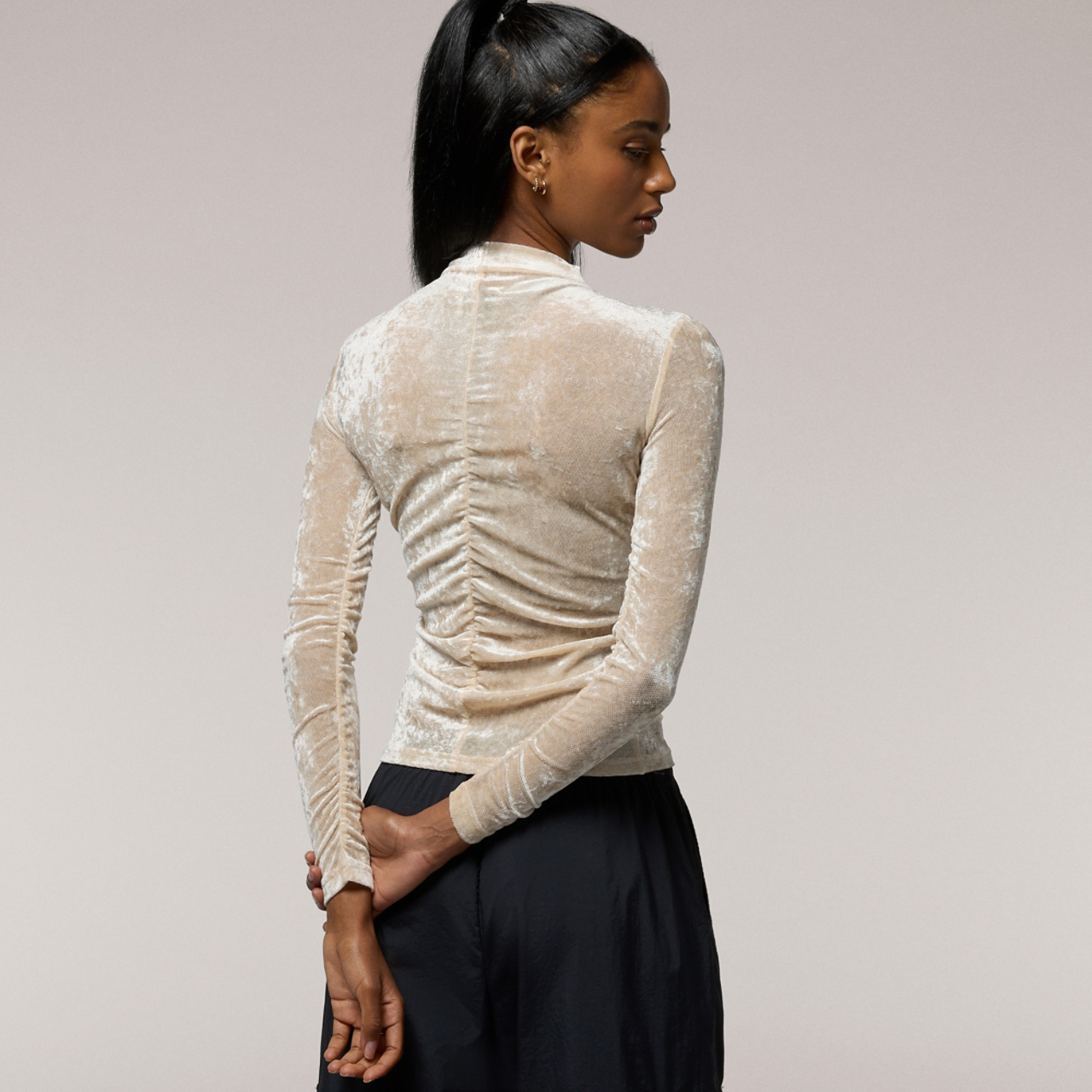 Cozi Ruched Mesh Top with Flocking Image 2 of 5. Tap to open photo gallery.