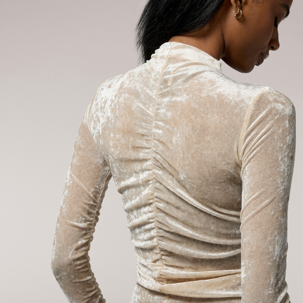 Cozi Ruched Mesh Top with Flocking Image 3 of 5. Tap to open photo gallery.