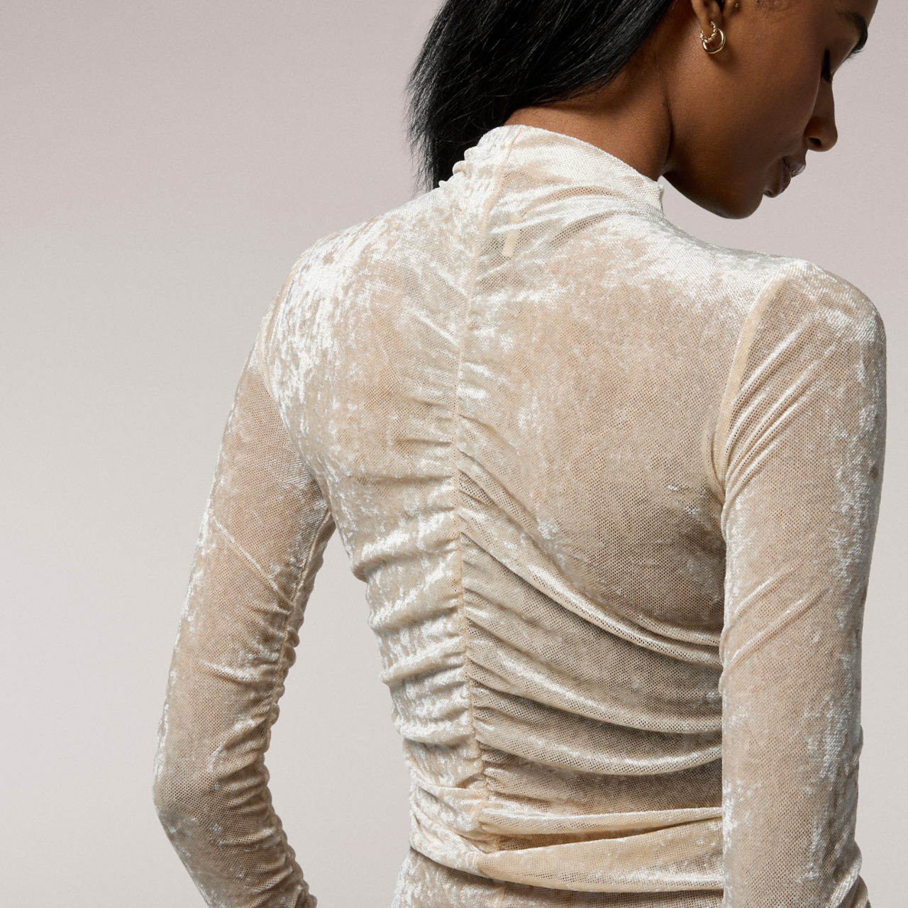 Cozi Ruched Mesh Top with Flocking Image 3 of 5. Tap to open photo gallery.