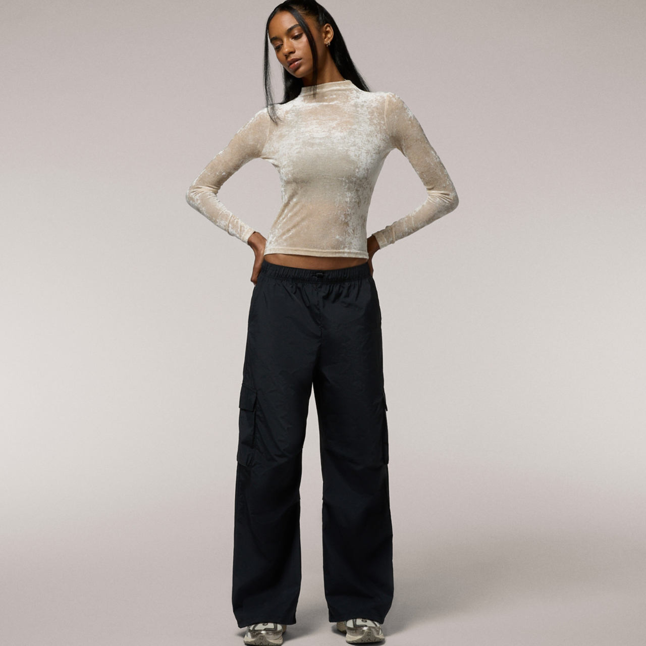 Cozi Ruched Mesh Top with Flocking Image 5 of 5. Tap to open photo gallery.